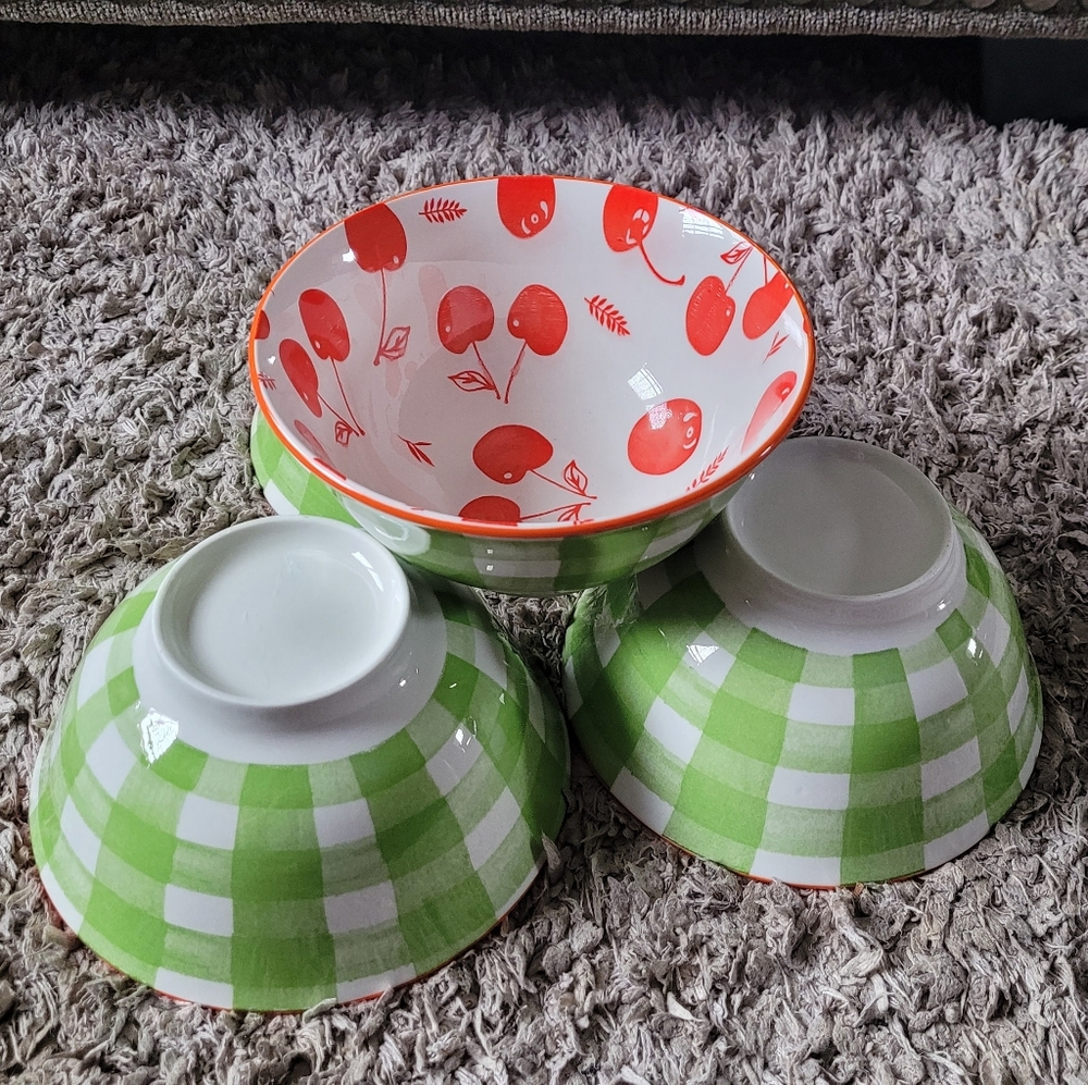 Cherry Print Ceramic Bowl - White with Red Cherries New Set Of 4 - Picture 5 of 6